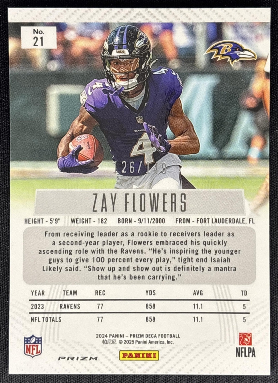 Zay Flowers 2024 Panini Prizm Deca Blue /149 Ravens