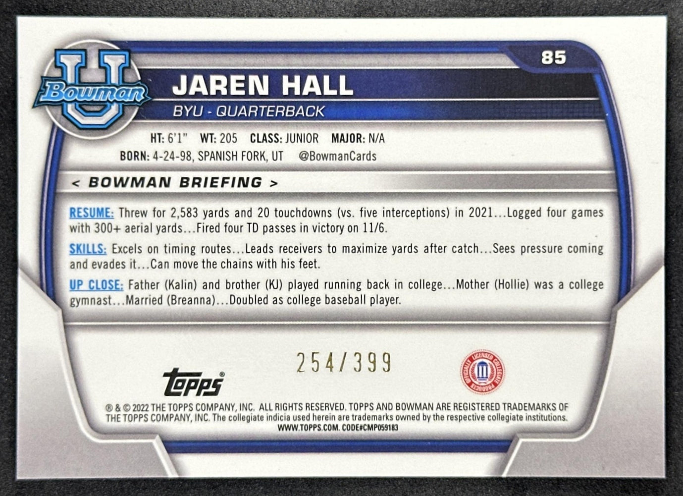 Jaren Hall 2022 Bowman University Chrome Purple Mini Diamond Refractor /399 Sports Trading Card