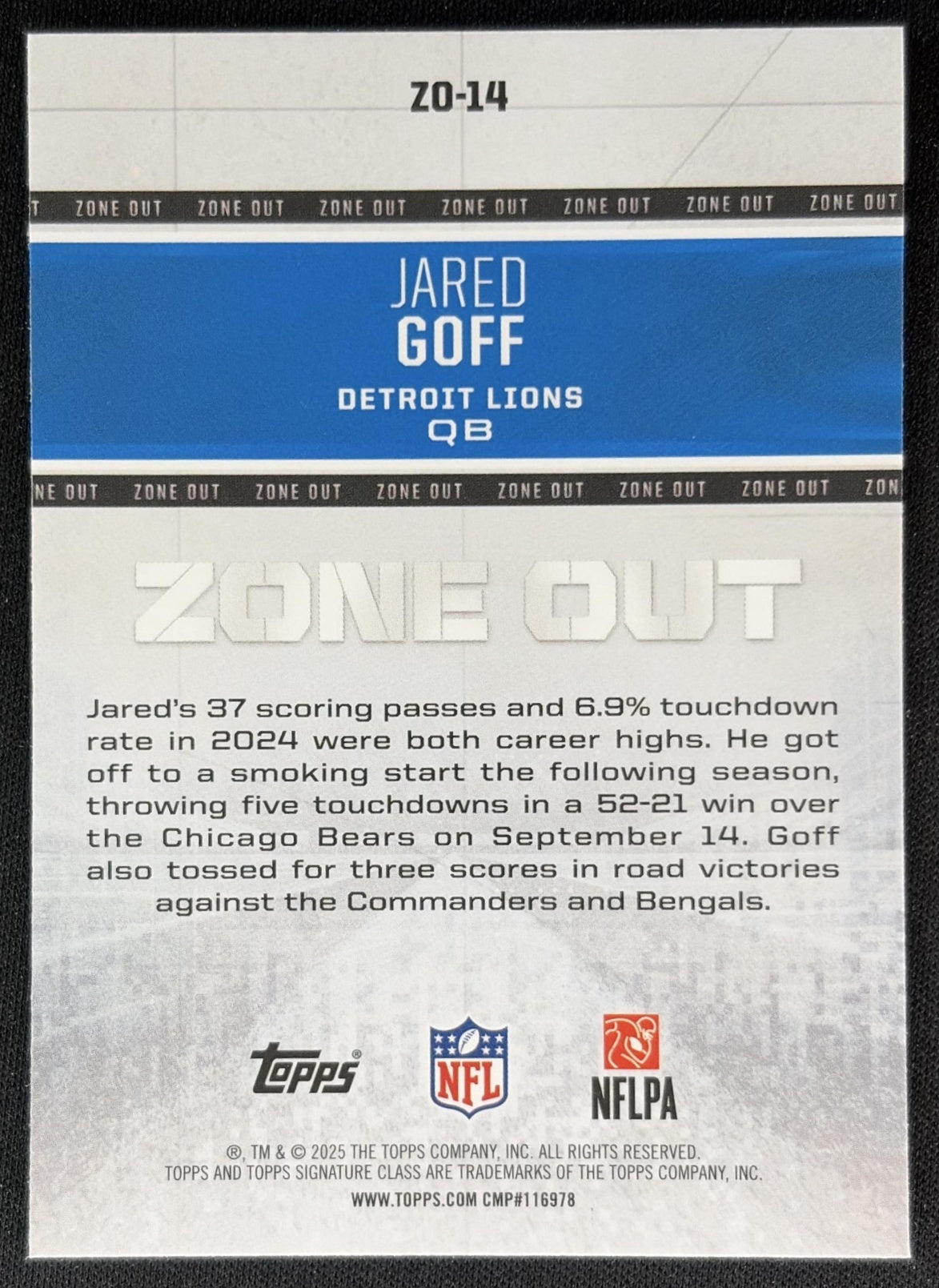 Jared Goff 2025 Topps Signature Class Zone Out Lions