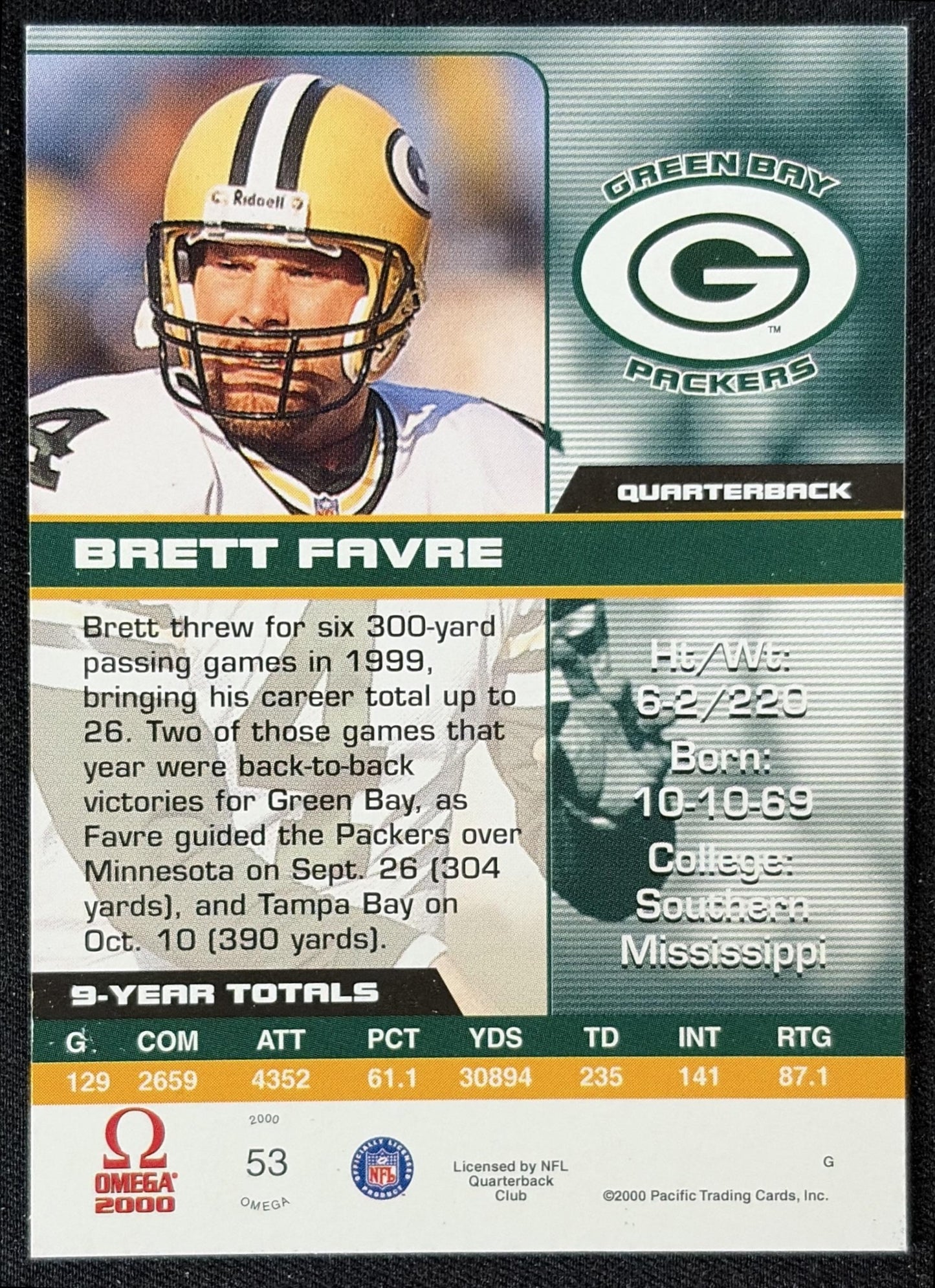 Brett Favre 2000 Pacific Omega Packers