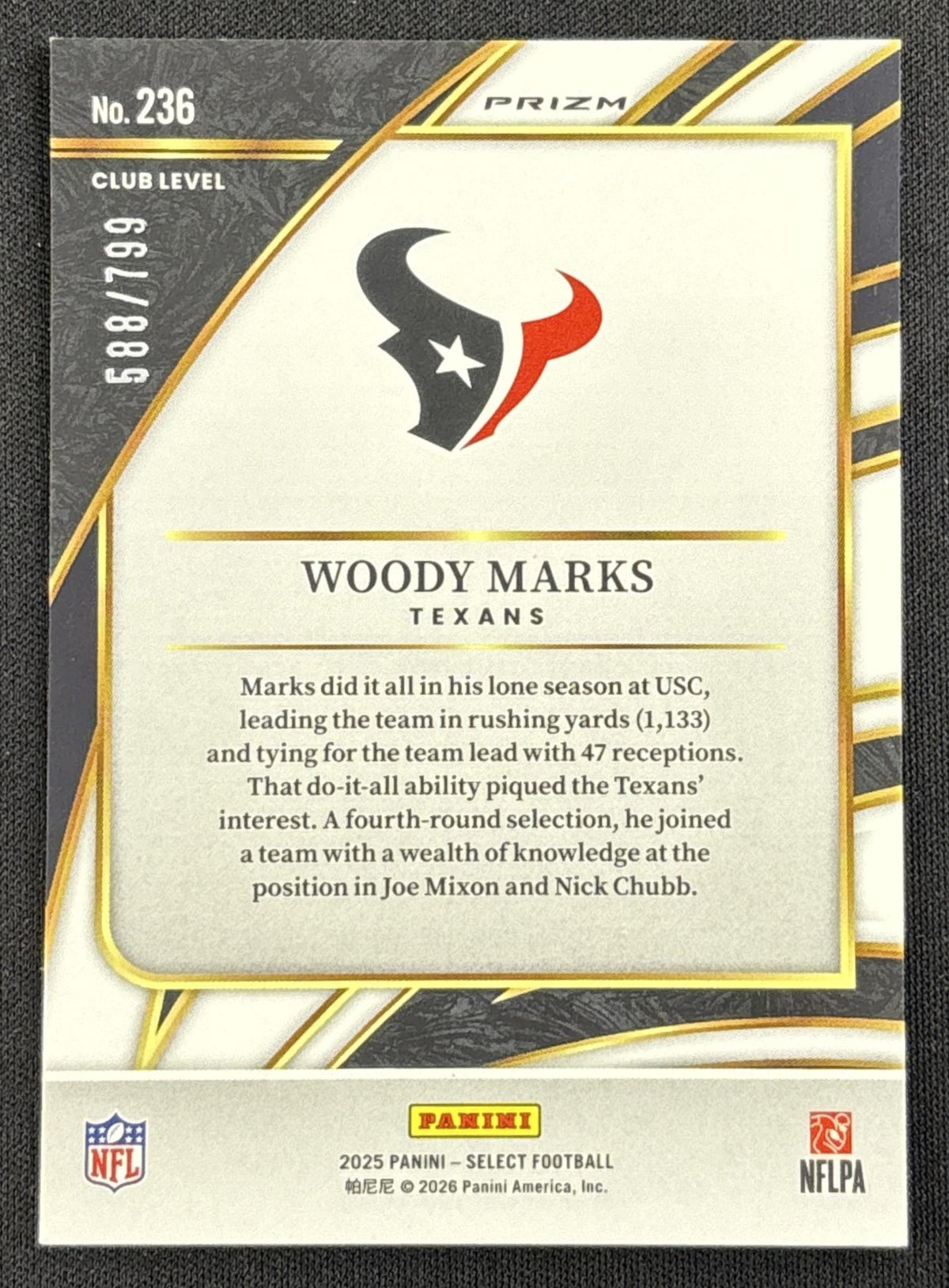 Woody Marks 2025 Panini Select Club Level White Prizm Shock /799 Texans