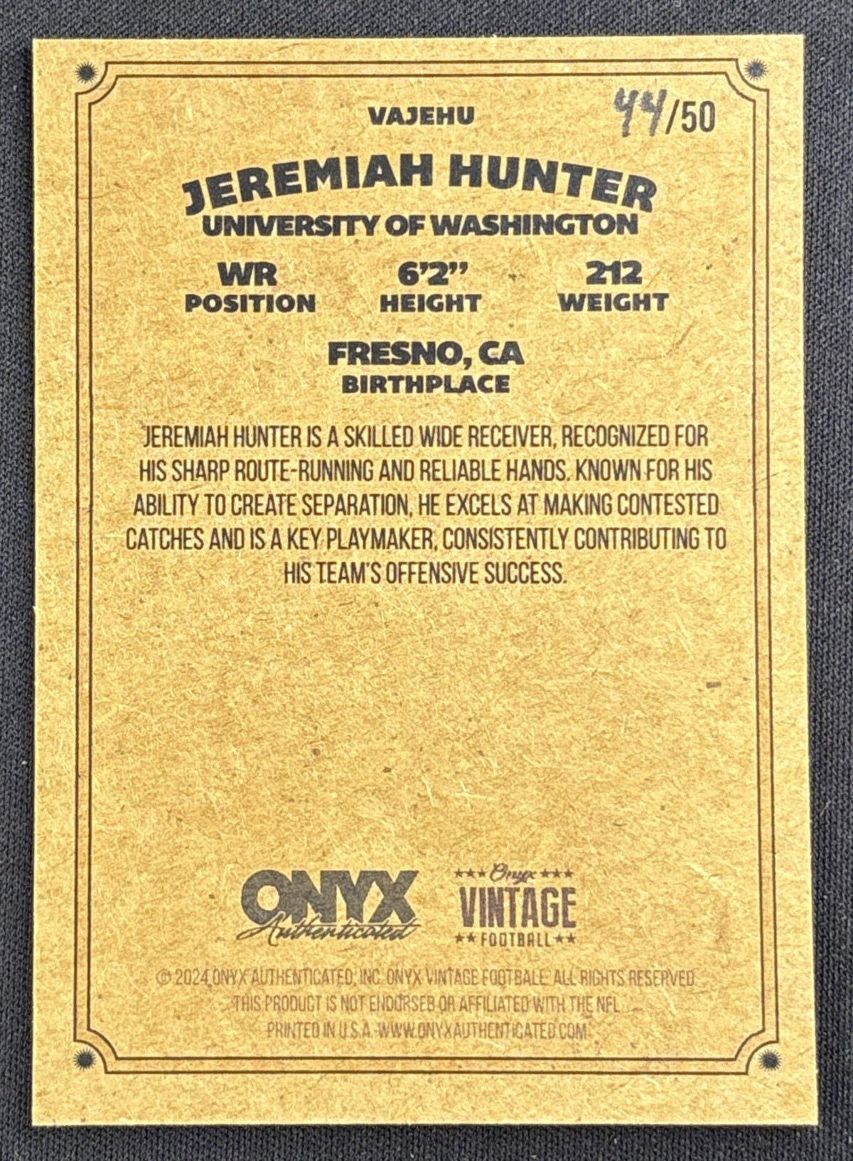 Jeremiah Hunter 2024 Onyx Vintage Collection Green Auto /50 Commanders Redskins