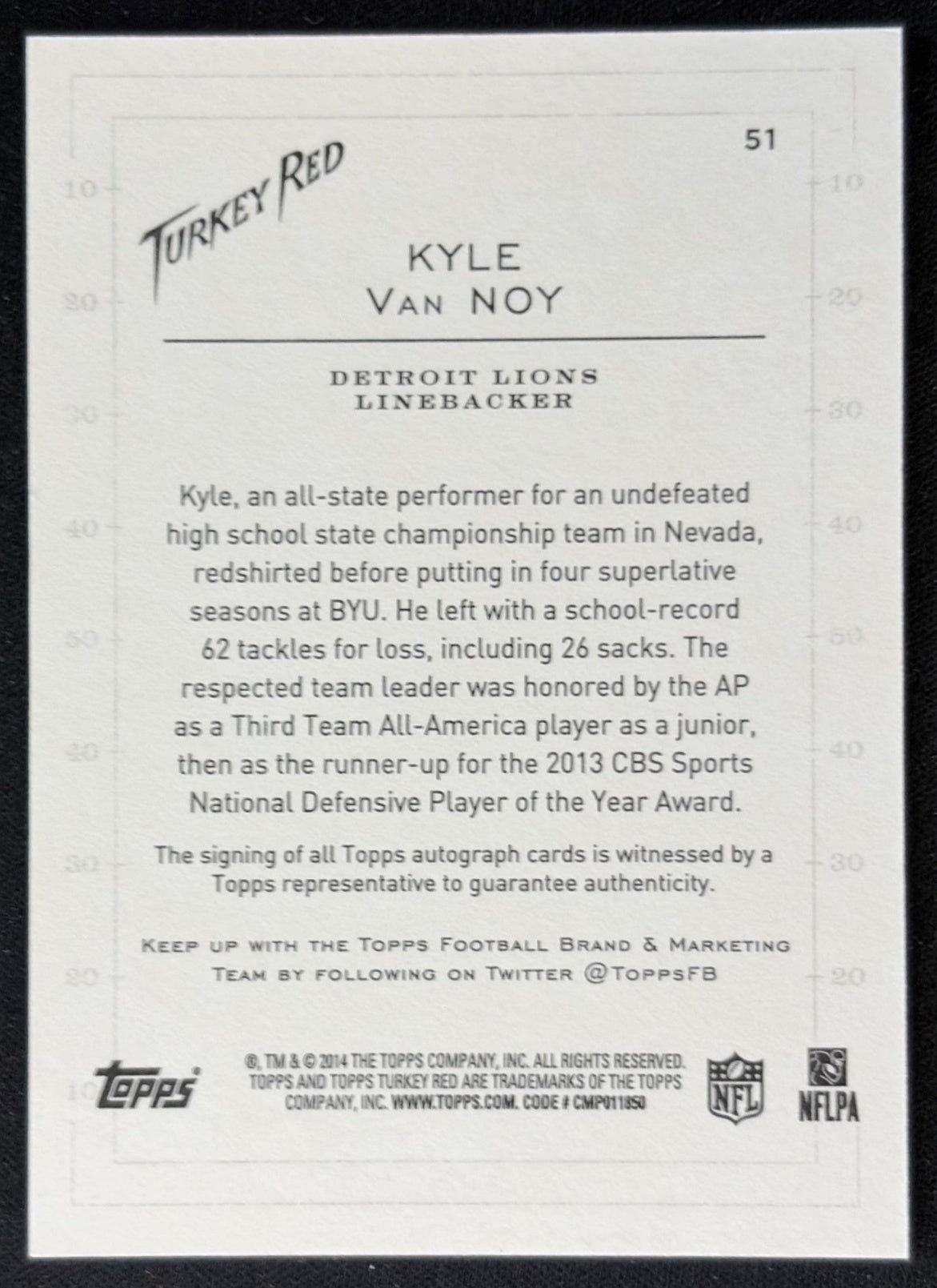 Kyle Van Noy 2014 Topps Turkey Red Auto Lions Sports Trading Cards