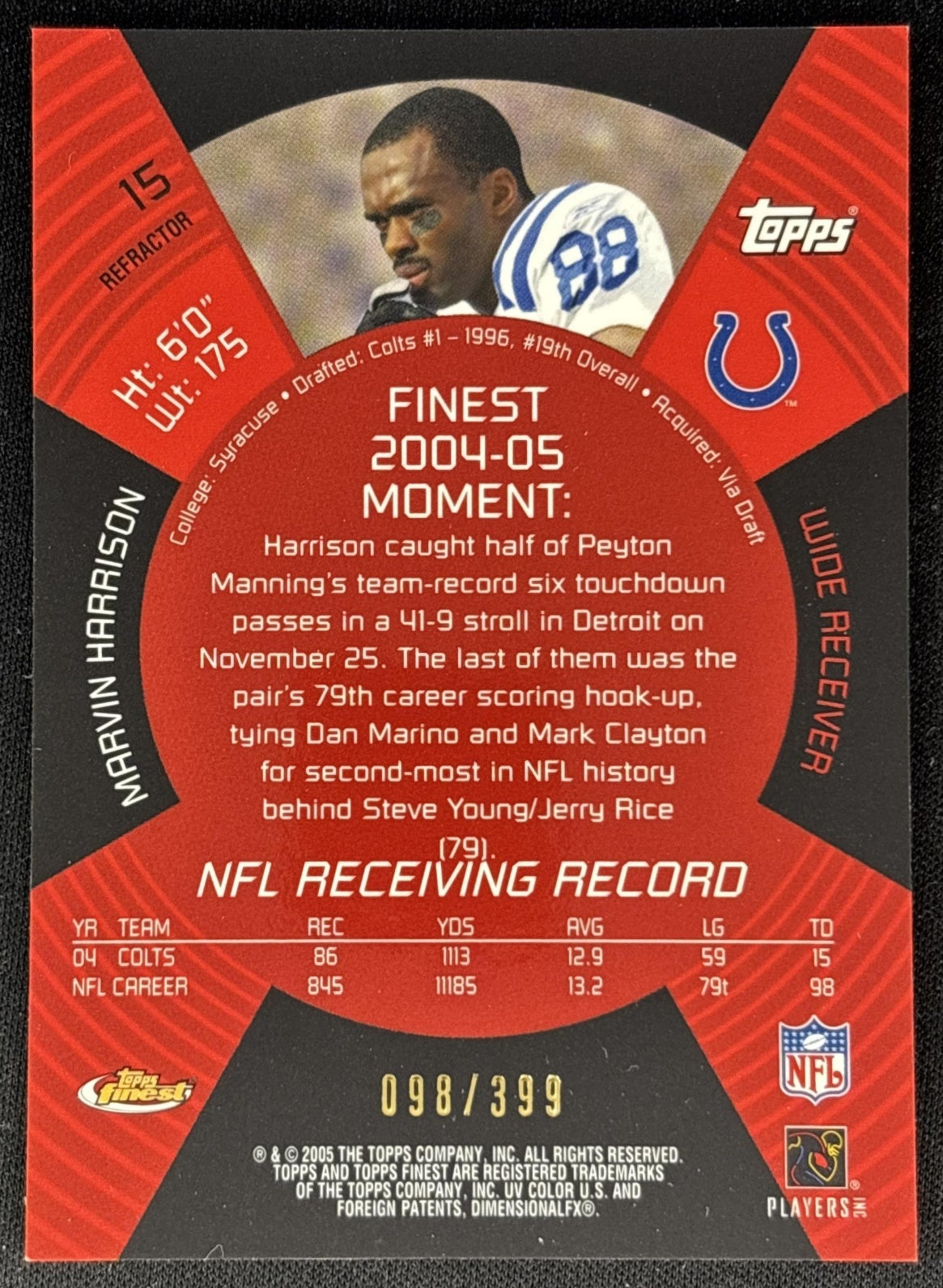 Marvin Harrison 2005 Topps Finest Refractor /399 Colts Sports Trading Cards