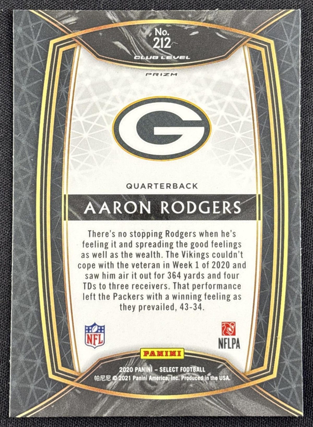 Aaron Rodgers 2020 Panini Select Cosmic Prizm SSP Packers - back