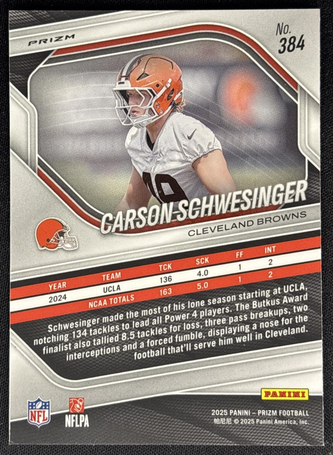 Carson Schwesinger 2025 Panini Prizm Lazer Browns Sports Trading Cards