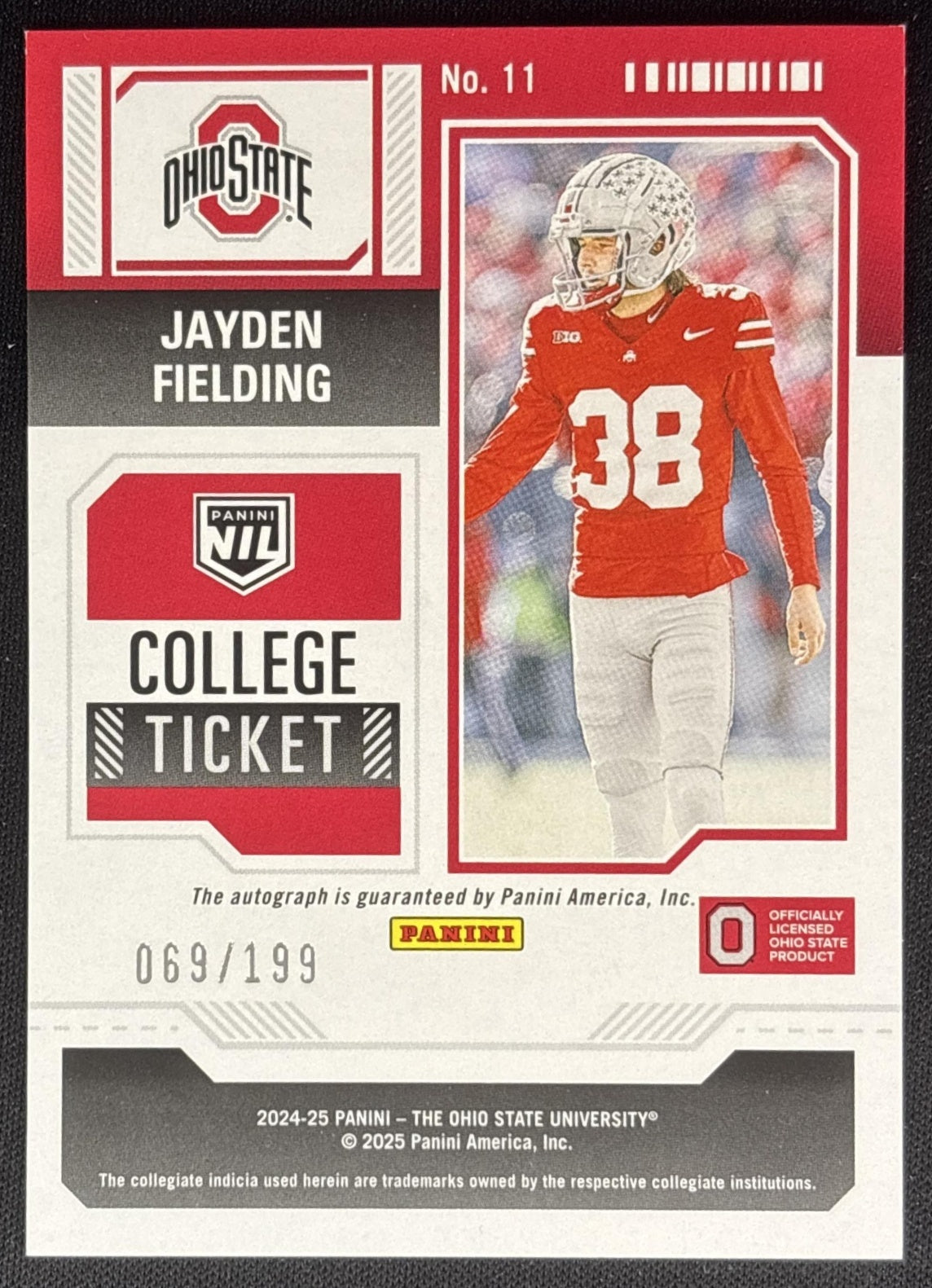Jayden Fielding 2025 Panini Ohio State University Auto Swirl /199 Buckeyes Sports Trading Card