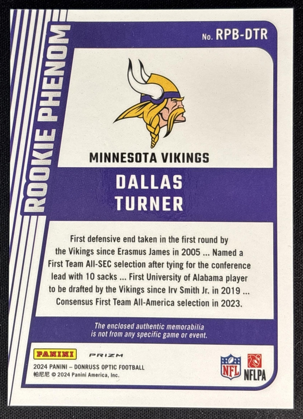 Dallas Turner 2024 Panini Donruss Optic Rookie Phenoms Blue Hyper Vikings