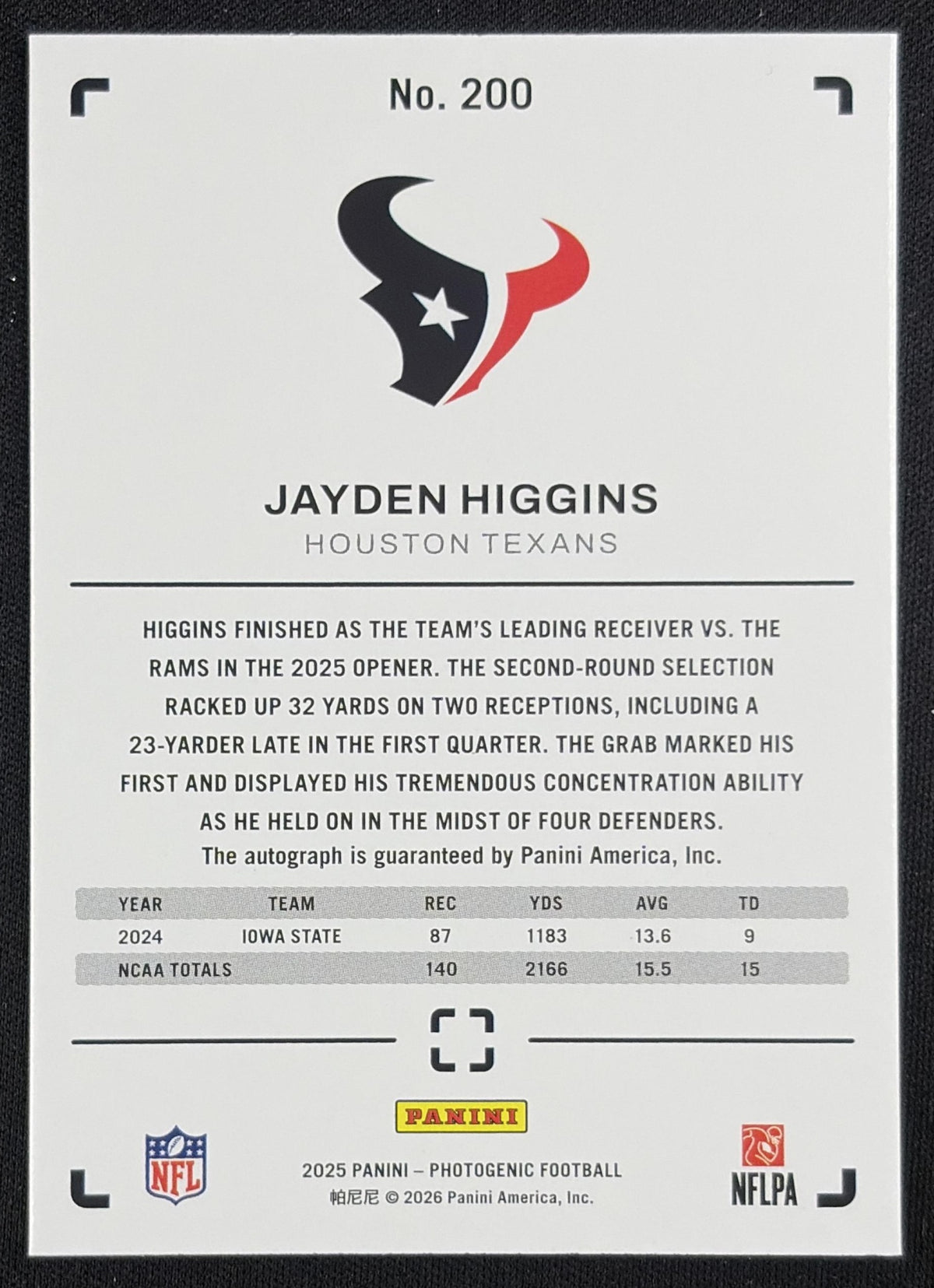 Jayden Higgins 2025 Panini PhotoGenic Rookie Auto Horizontal Green /25 Texans