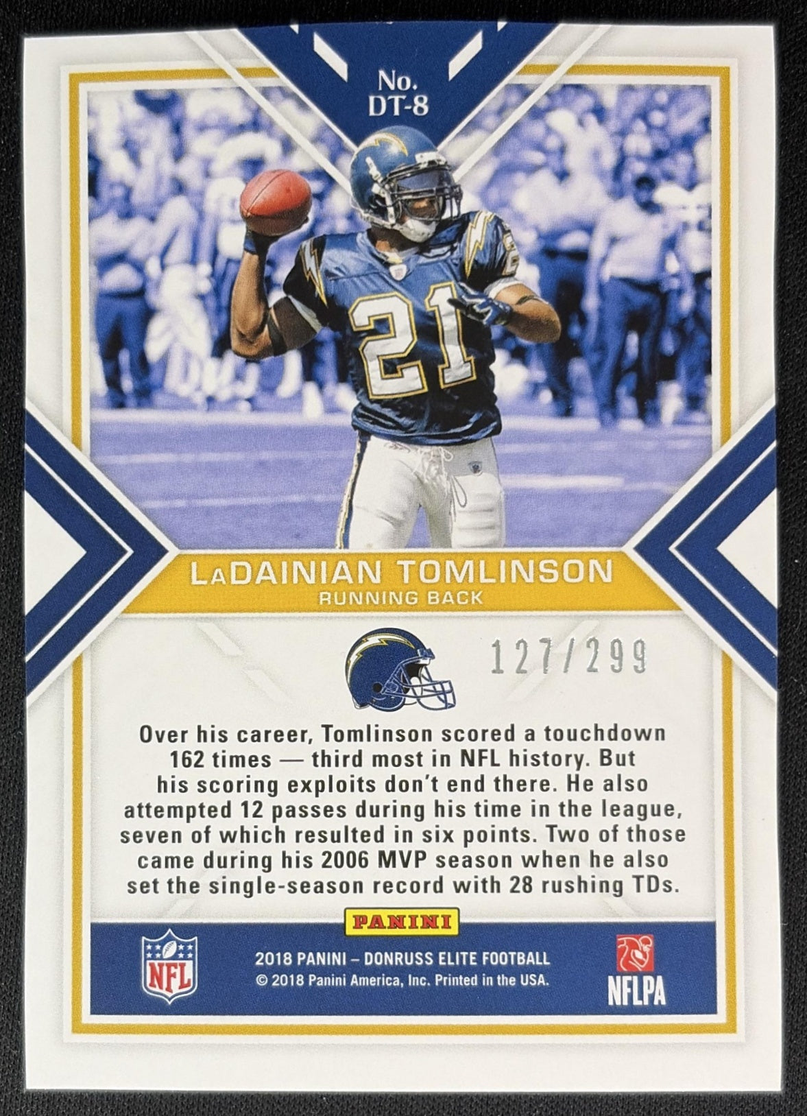 LaDainian Tomlinson 2018 Panini Donruss Elite Dual Threats /299 Chargers back