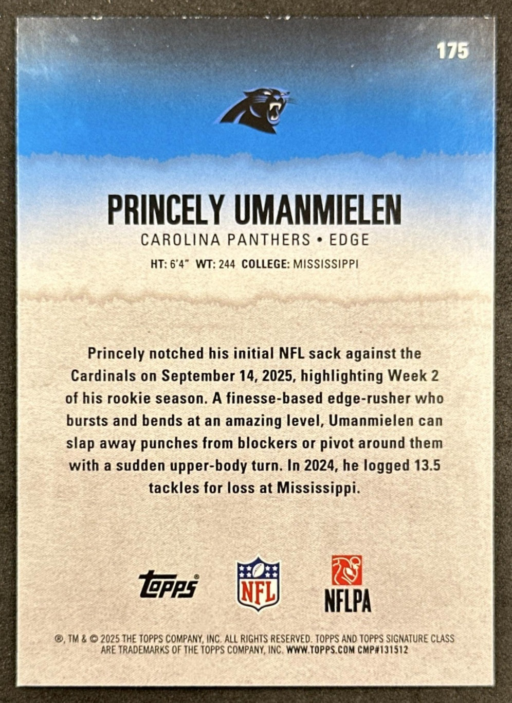 Princely Umanmielen 2025 Signature Class Rookie Blue & Yellow Foil Panthers