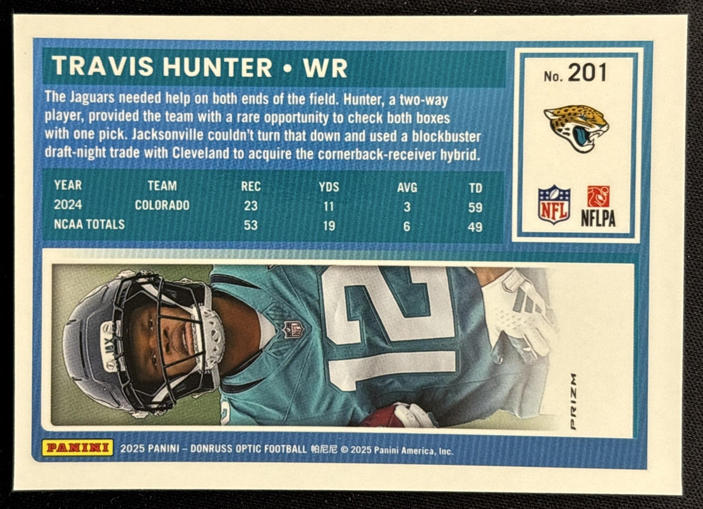 Travis Hunter 2025 Panini Donruss Optic Rated Rookie Holo Prizm Jaguars
