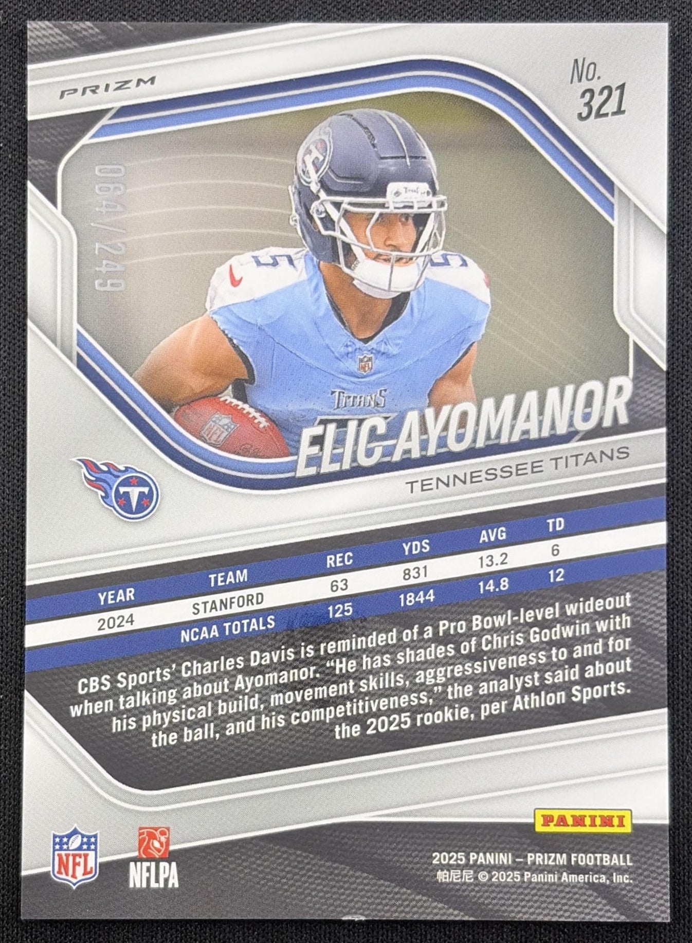 Elic Ayomanor 2025 Panini Prizm Orange /249 Titans