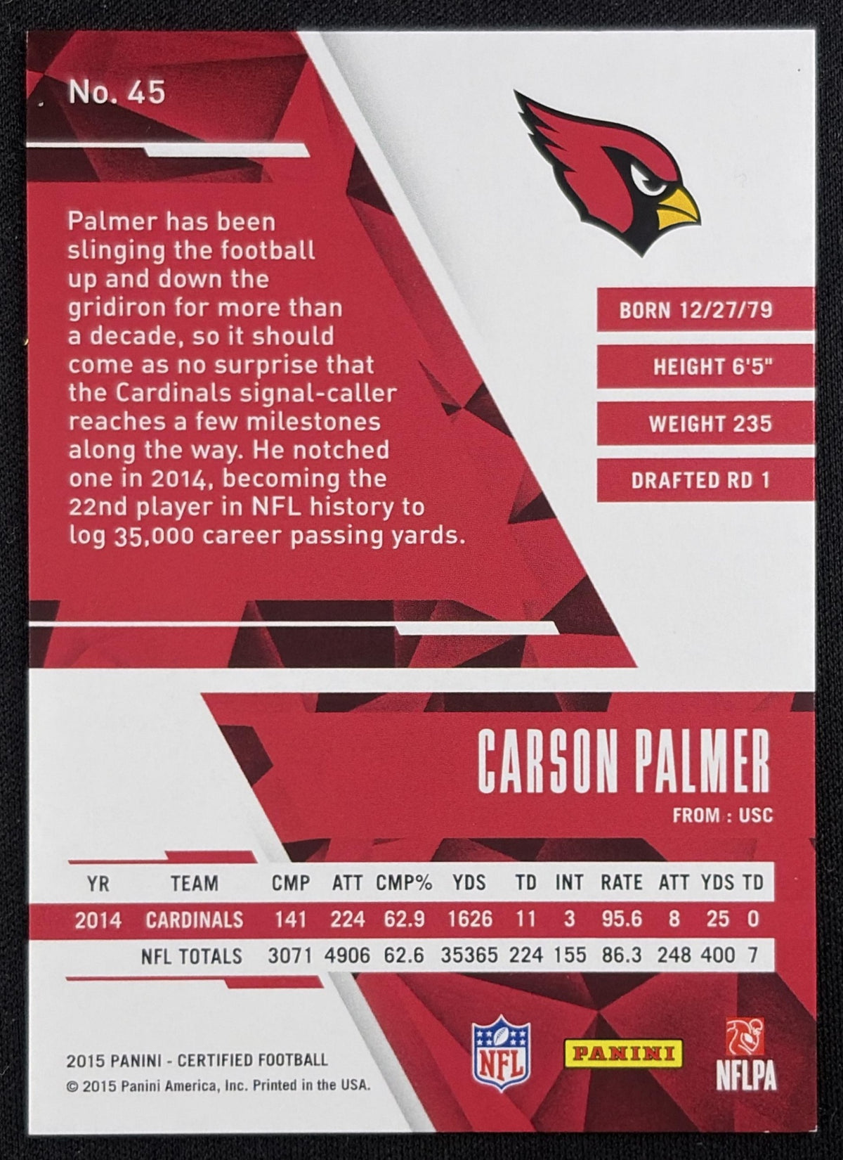 Carson Palmer 2015 Panini Certified Mirror Silver /499 Cardinals