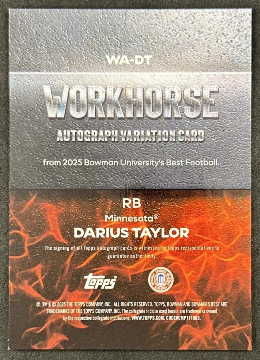 Darius Taylor 2025 Best University Workhorse Auto Gold Refractor /50 Golden Gophers Vikings Sports Trading Cards
