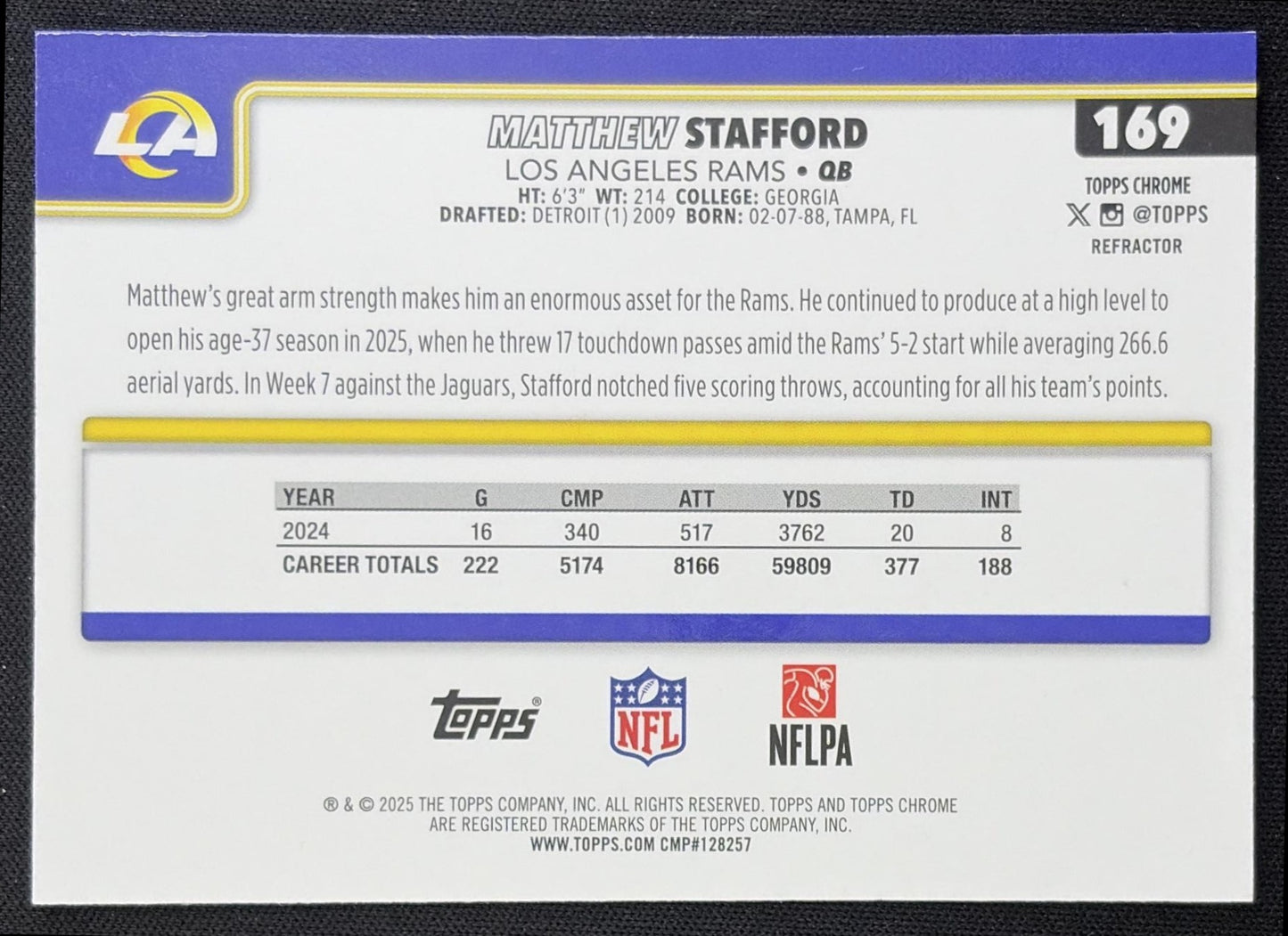 Matthew Stafford 2025 Topps Chrome Refractor Rams Los Angeles Rams back