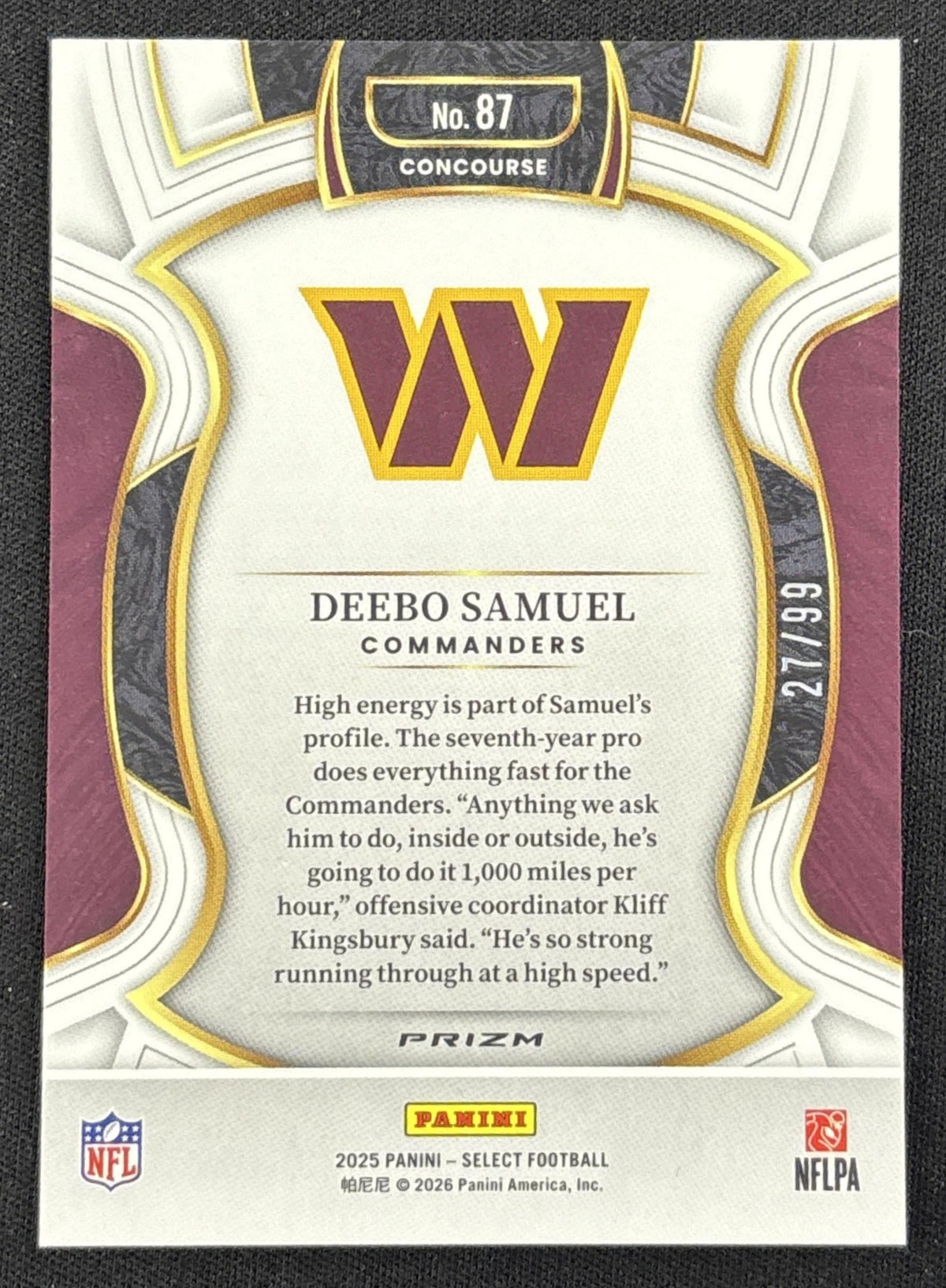 Deebo Samuel 2025 Panini Select Concourse Red Prizm /99 Commanders
