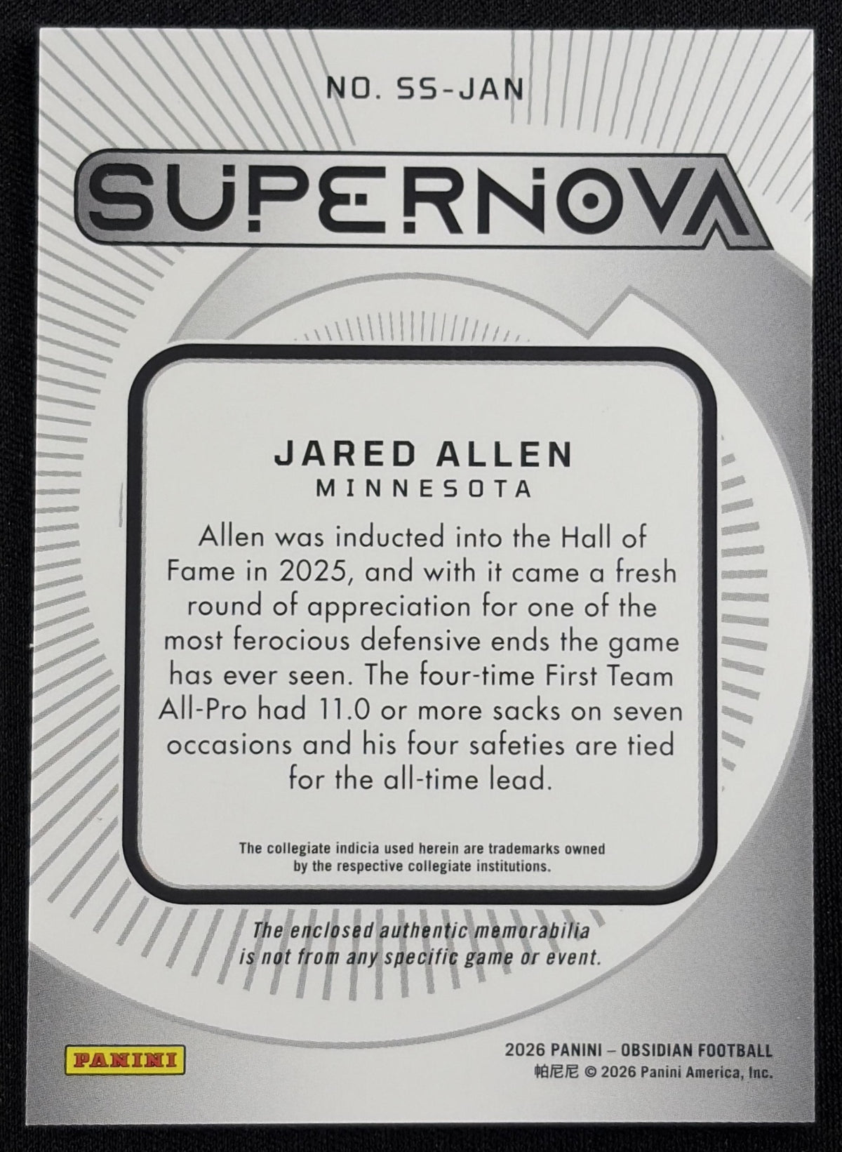 Jared Allen 2026 Panini Obsidian Supernova Swatches Vikings