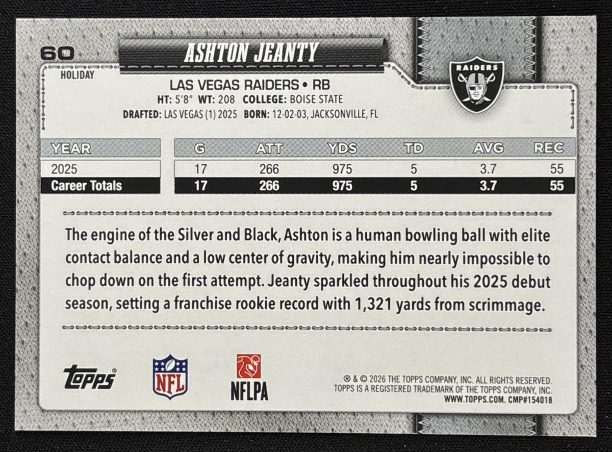 Ashton Jeanty 2026 Topps Holiday Light Blue and White Glitter Raiders | Las Vegas Raiders