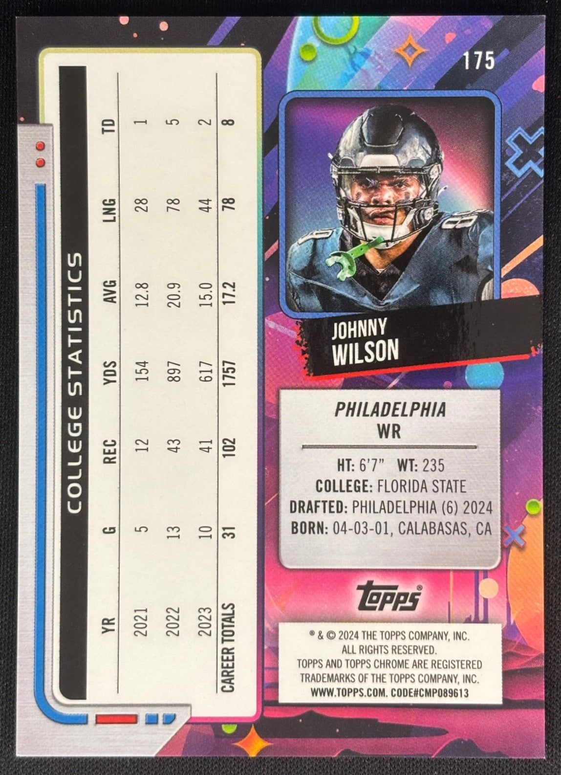 Johnny Wilson 2024 Topps Cosmic Chrome Orange Galactic Refractor /25 Eagles Sports Trading Cards