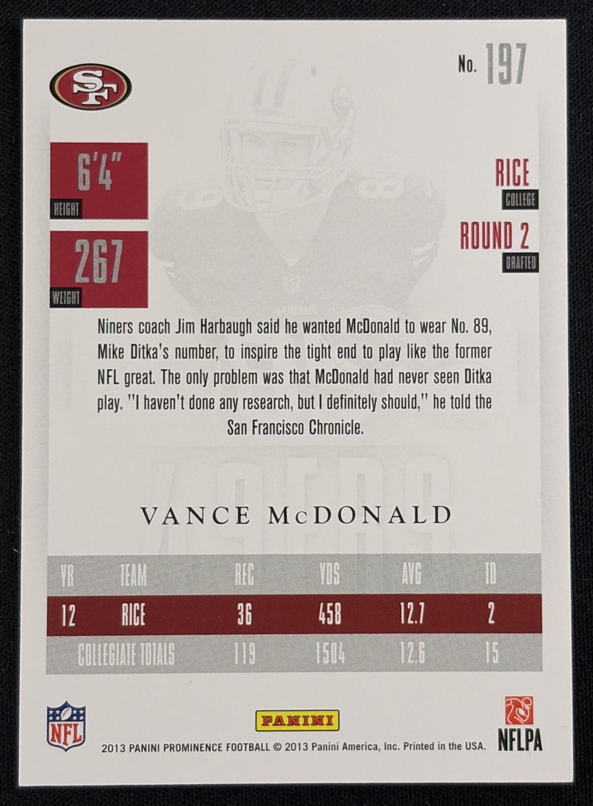 Vance McDonald 2013 Panini Prominence Gold /199 49ers - Back