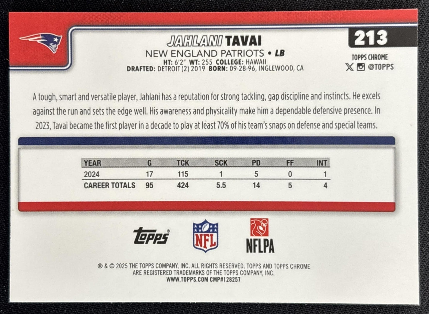 Jahlani Tavai 2025 Topps Chrome Neon Pulse Refractor Patriots back