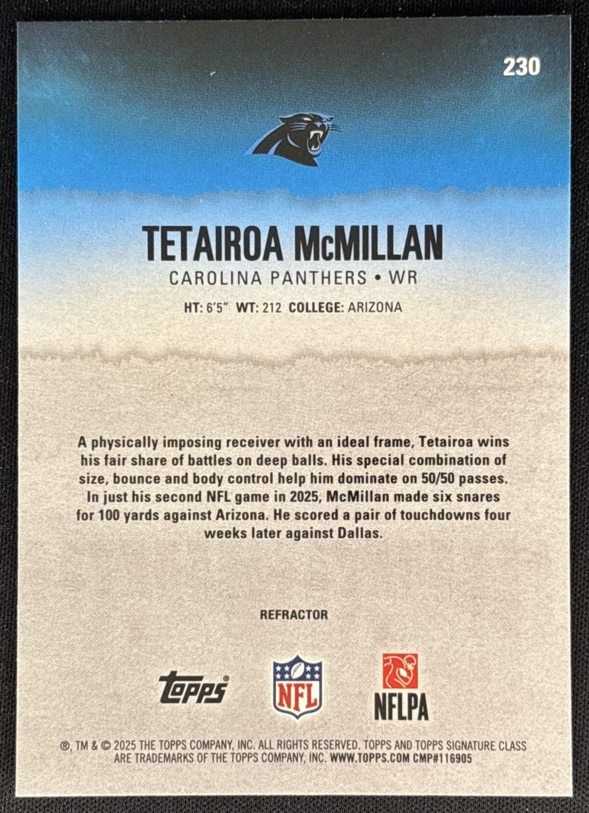 Tetairoa McMillan 2025 Signature Class Chrome Rookie White Refractor Panthers Sports Trading Cards