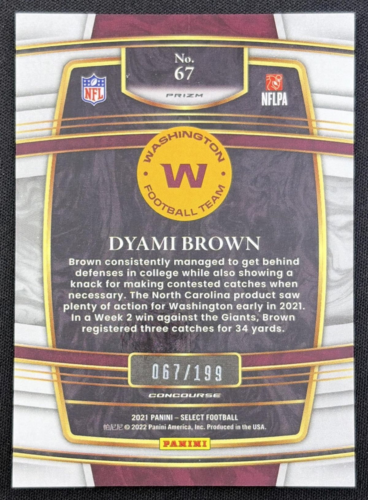Dyami Brown 2021 Panini Select Blue Prizm /199 back