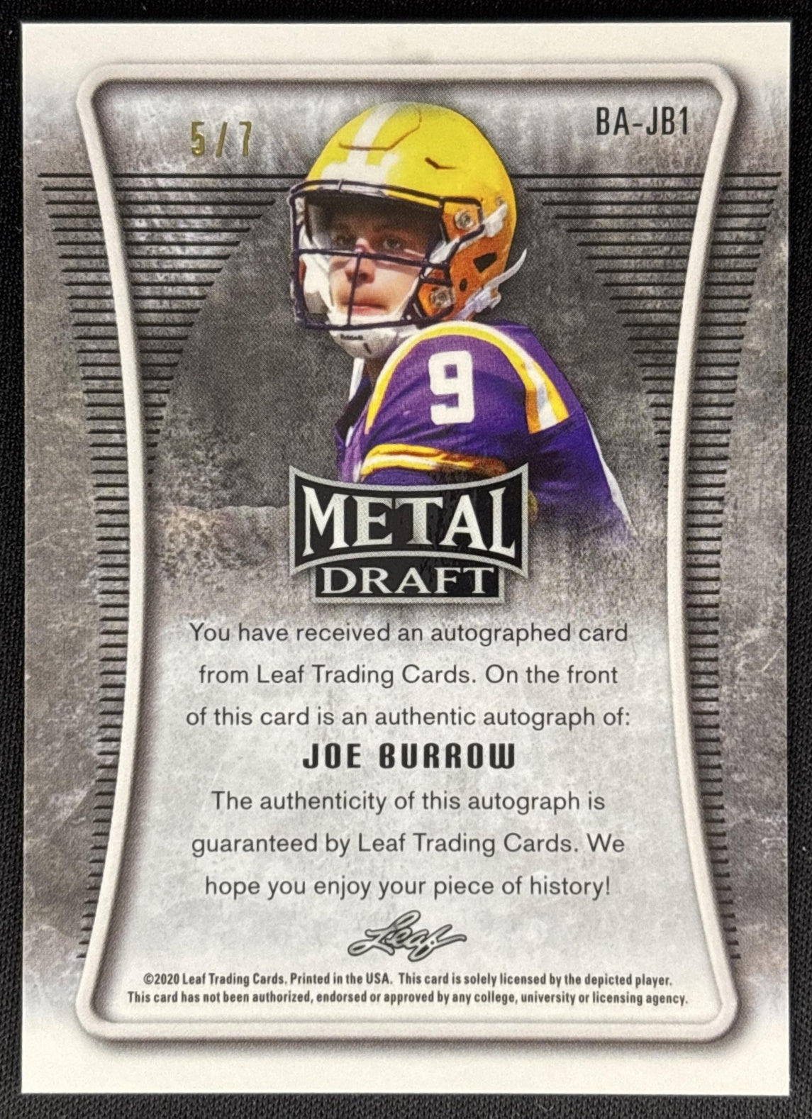 Joe Burrow 2020 Leaf Metal Draft Wave Black /7 Tigers Bengals Sports Trading Cards