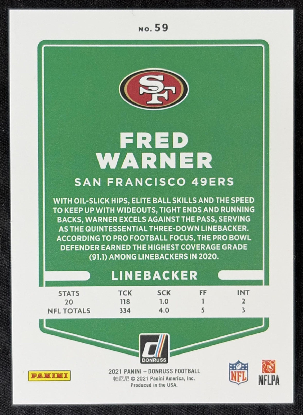 Fred Warner 2021 Panini Donruss Press Proof Premium 49ers - San Francisco 49ers