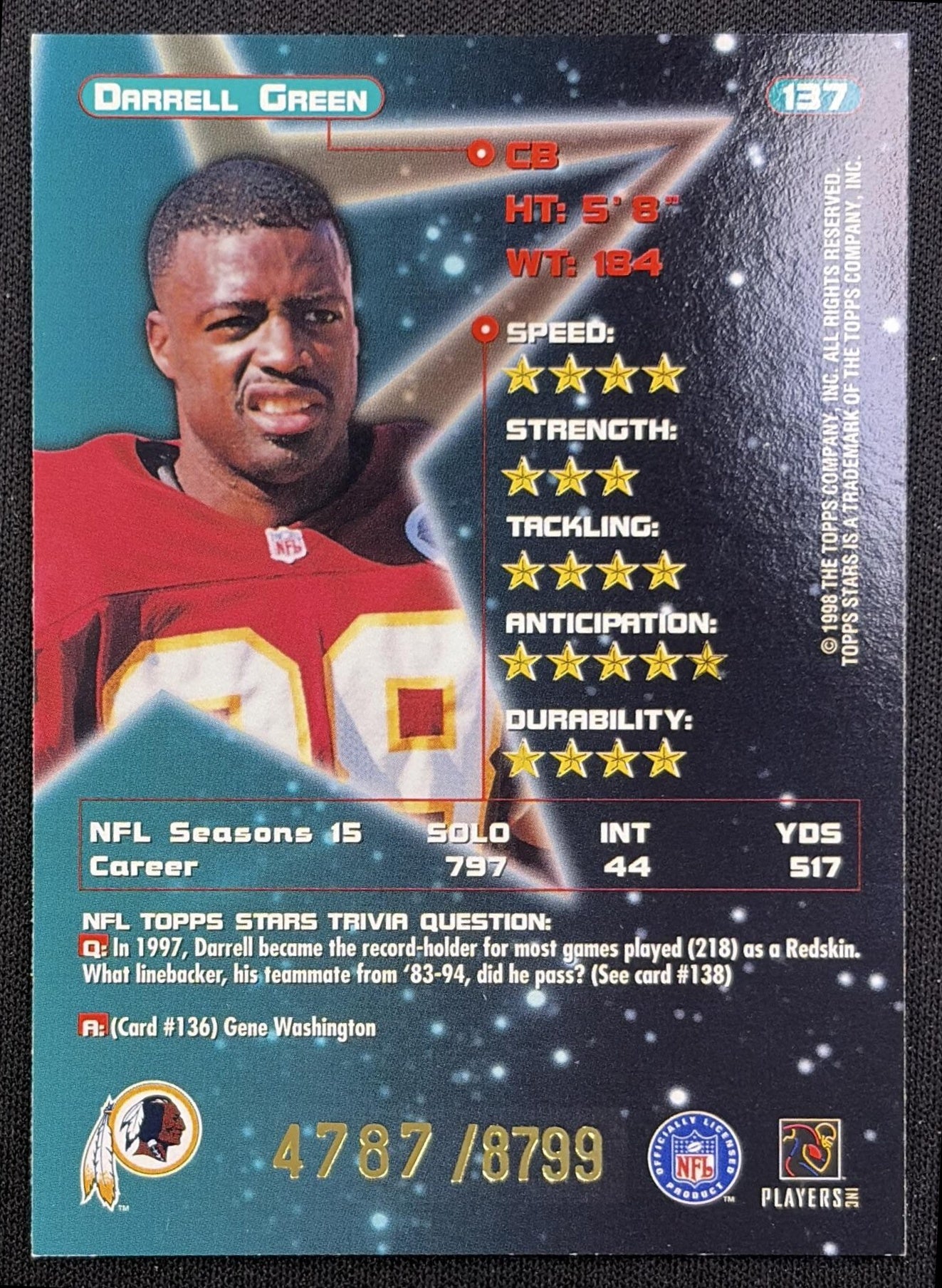 Darrell Green 1998 Topps Stars /8799 Redskins back