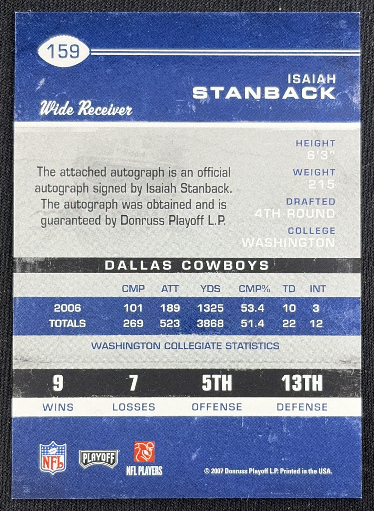 Isaiah Stanback 2007 Playoff Contenders Rookie Ticket Auto Cowboys