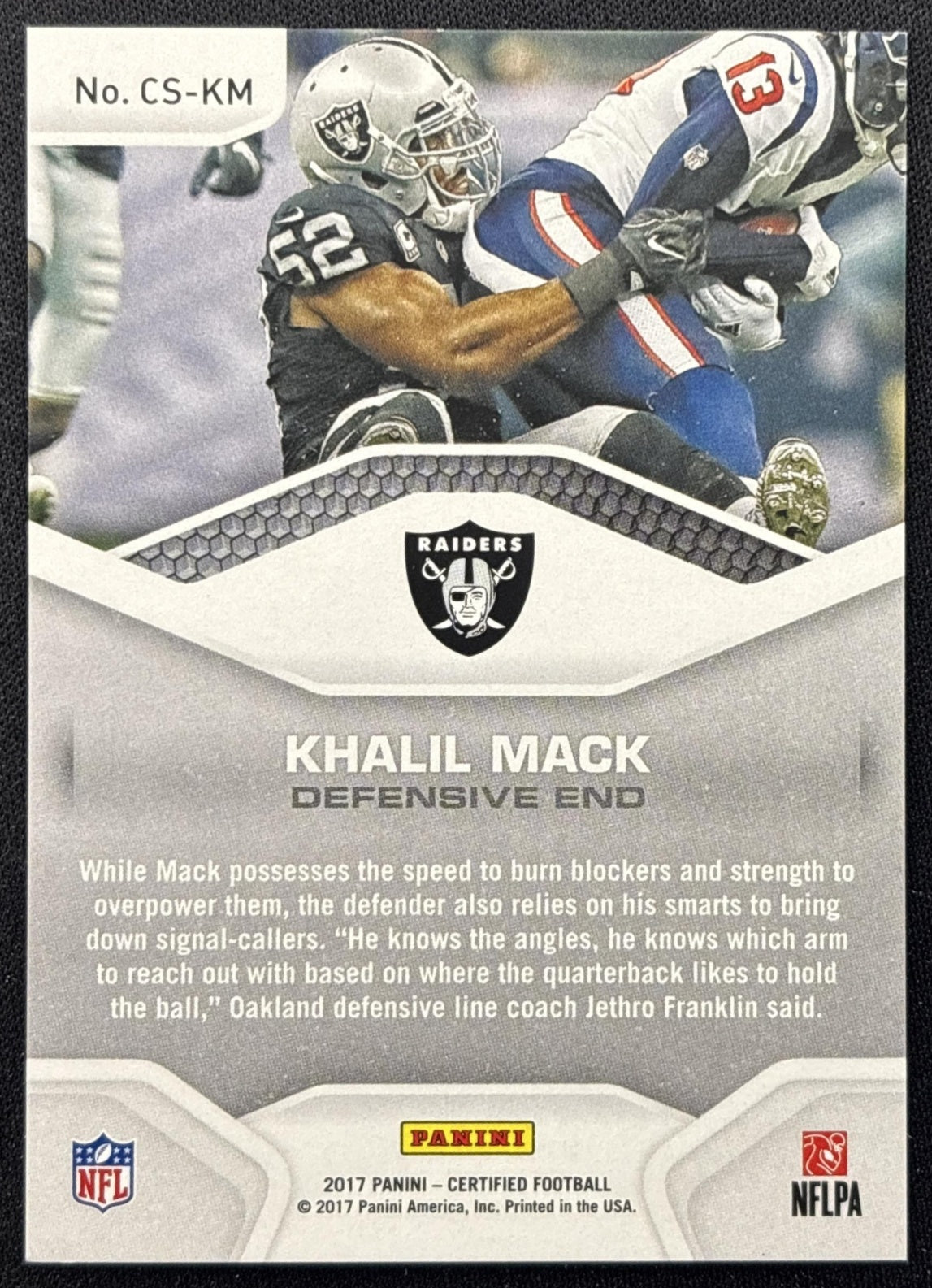 Khalil Mack 2017 Panini Certified Shutdown Mirror Red /99 Raiders back