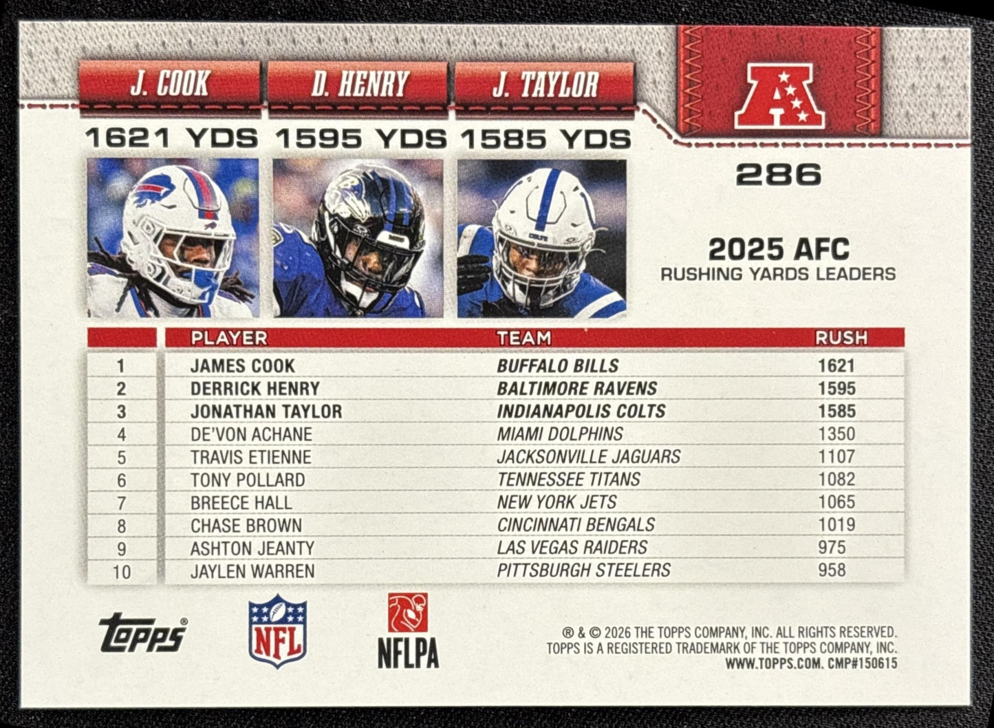 Derrick Henry Jonathan Taylor James Cook 2026 Topps Rainbow Foil Bills Ravens Colts