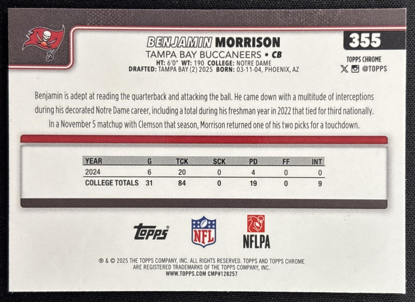 Benjamin Morrison 2025 Topps Chrome Rookie Teal Wave Refractor /299 Buccaneers Sports Trading Card