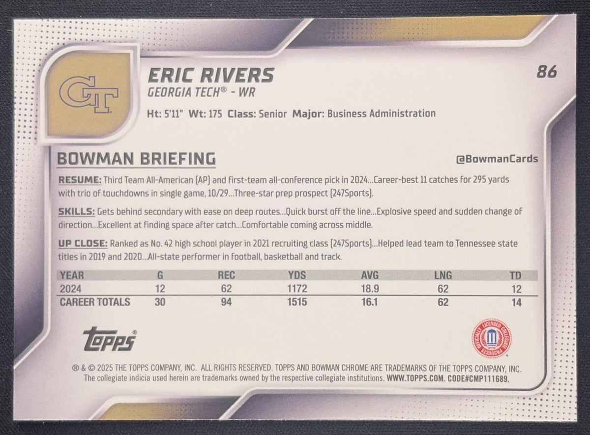 Eric Rivers 2025 Bowman Chrome University Prospects Lime Green Mini-Diamond Refractor /275 Yellow Jackets