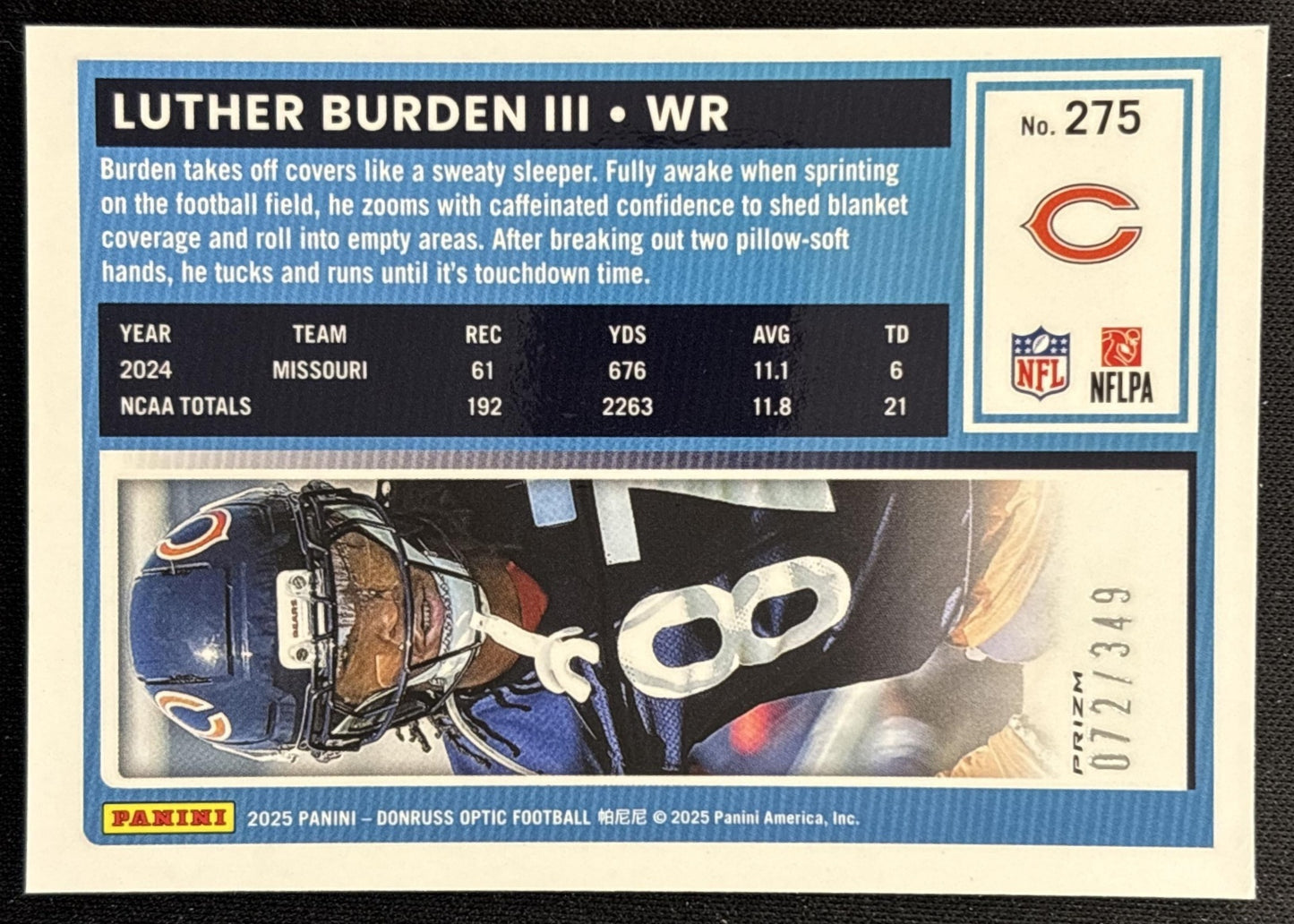 Luther Burden III 2025 Panini Donruss Optic Rated Rookie Aqua Prizm 072/349 Bears Back