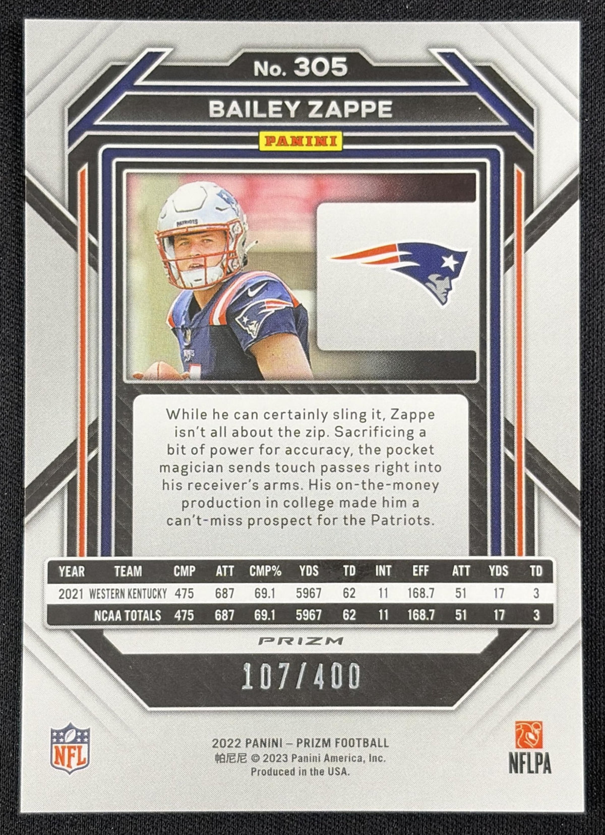 Bailey Zappe 2022 Panini Prizm Pandora /400 Patriots