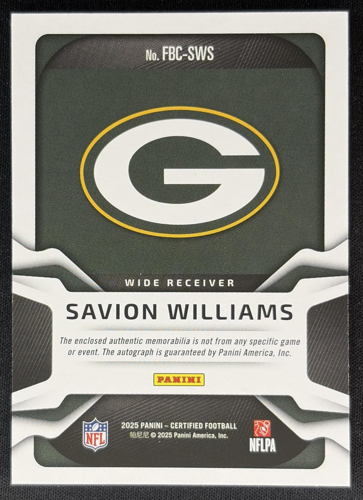 Savion Williams 2025 Certified Freshman Fabric Mirror Signatures Purple /399 Packers back