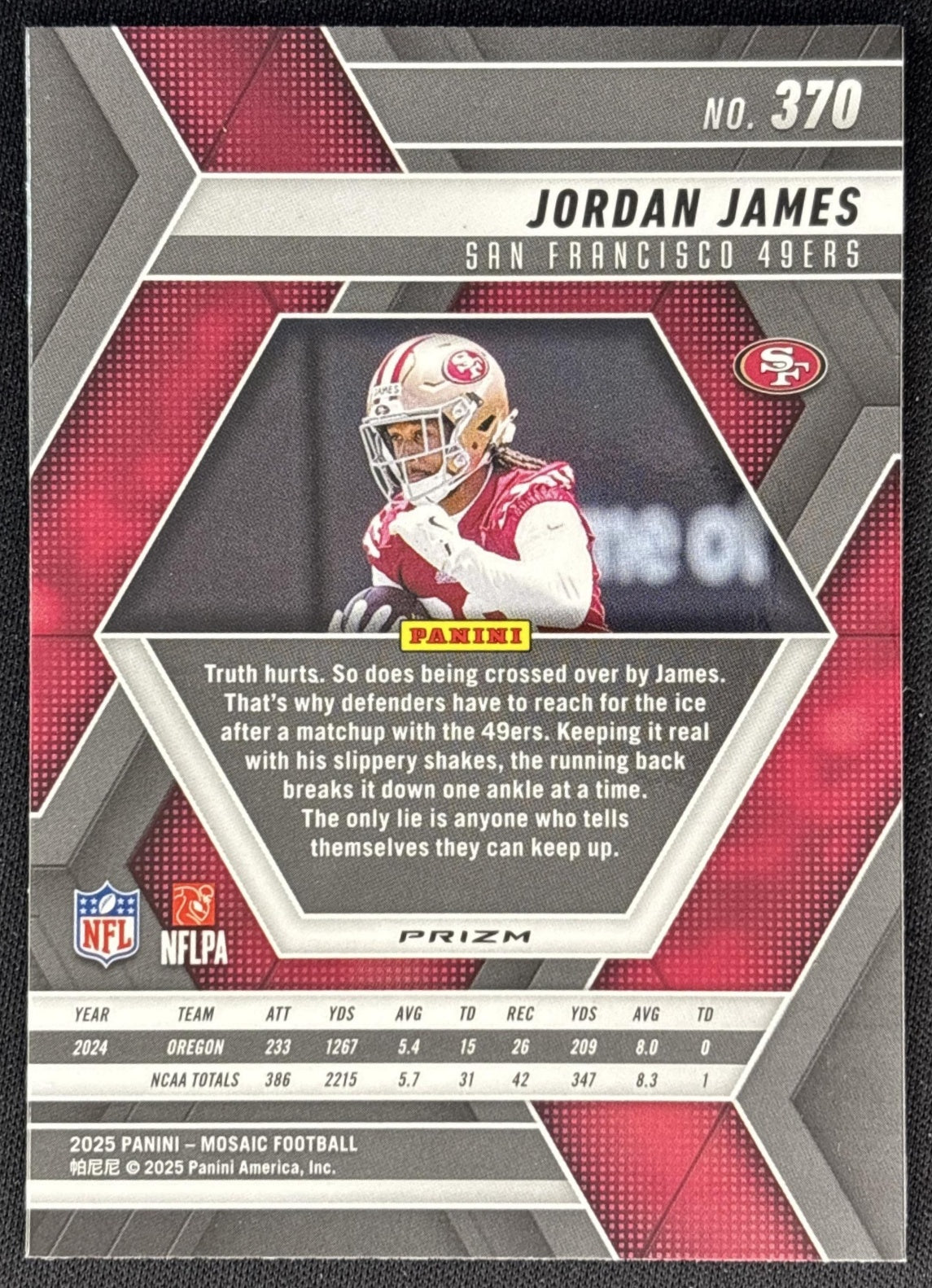 Jordan James 2025 Panini Mosaic Rookies Purple Scope Prizm 49ers back