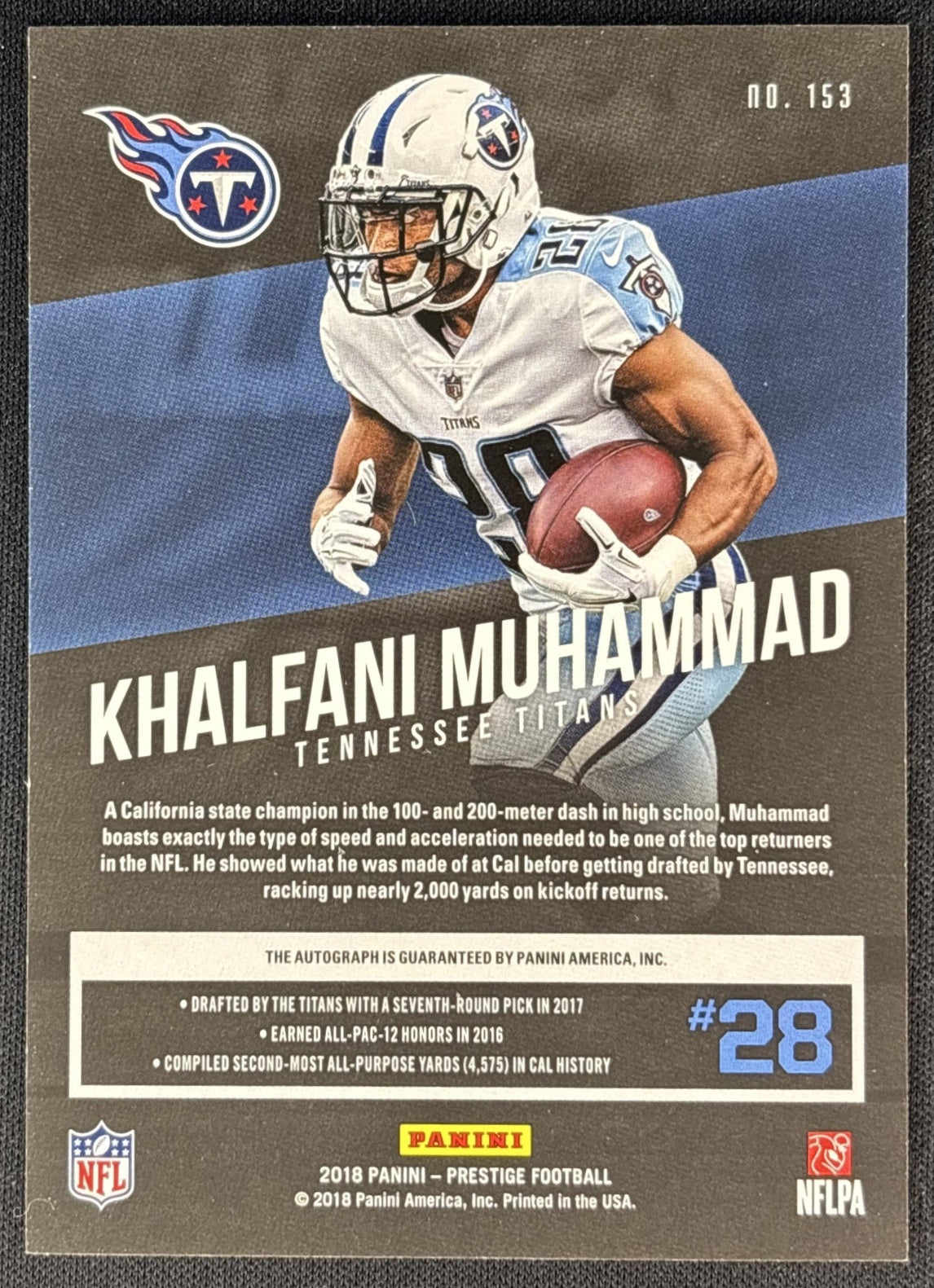 Khalfani Muhammad 2018 Panini Prestige Veteran Signatures Titans back