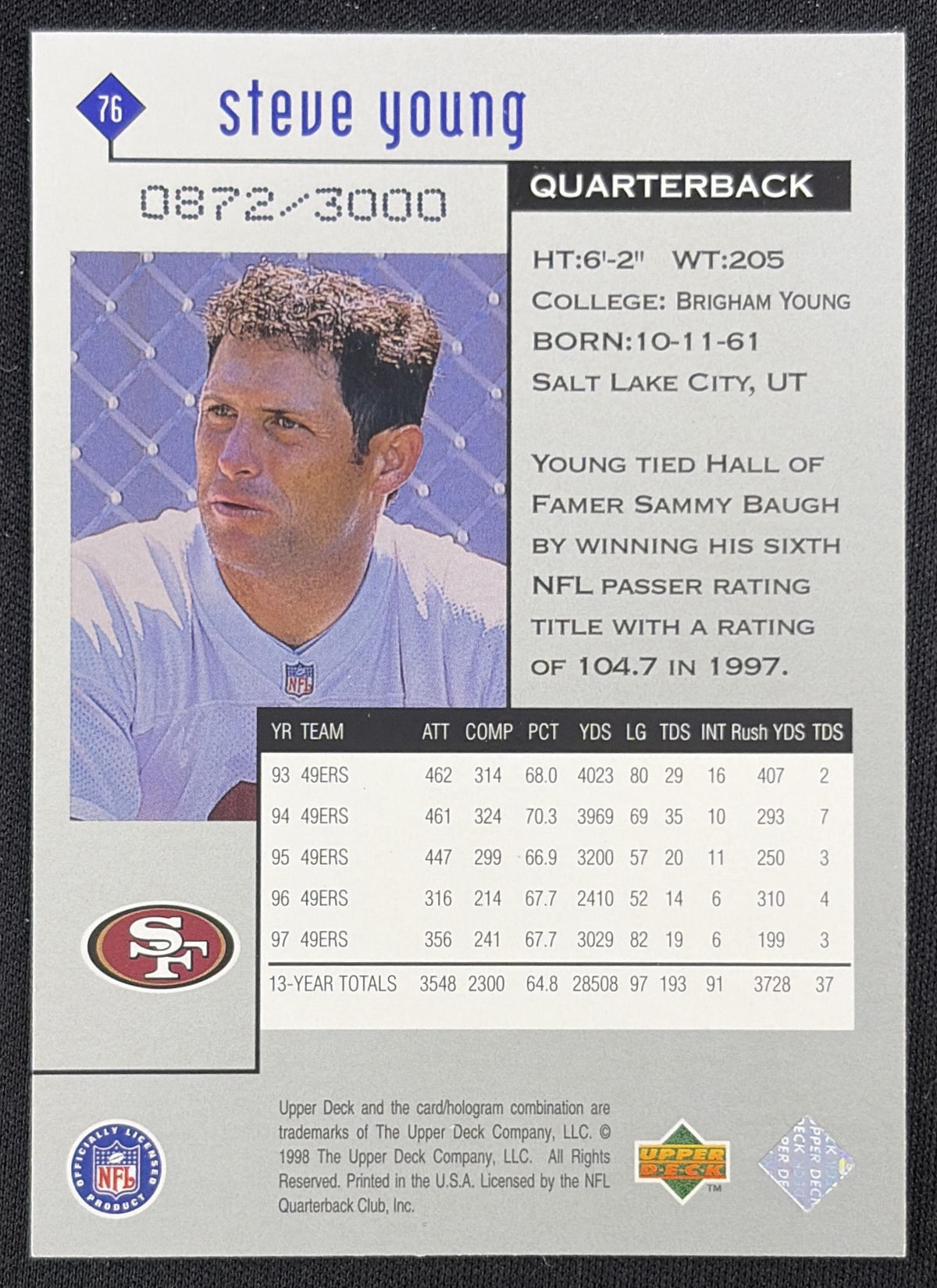 Steve Young 1998 Upper Deck Black Diamond Rookie Edition Double /3000 San Francisco 49ers