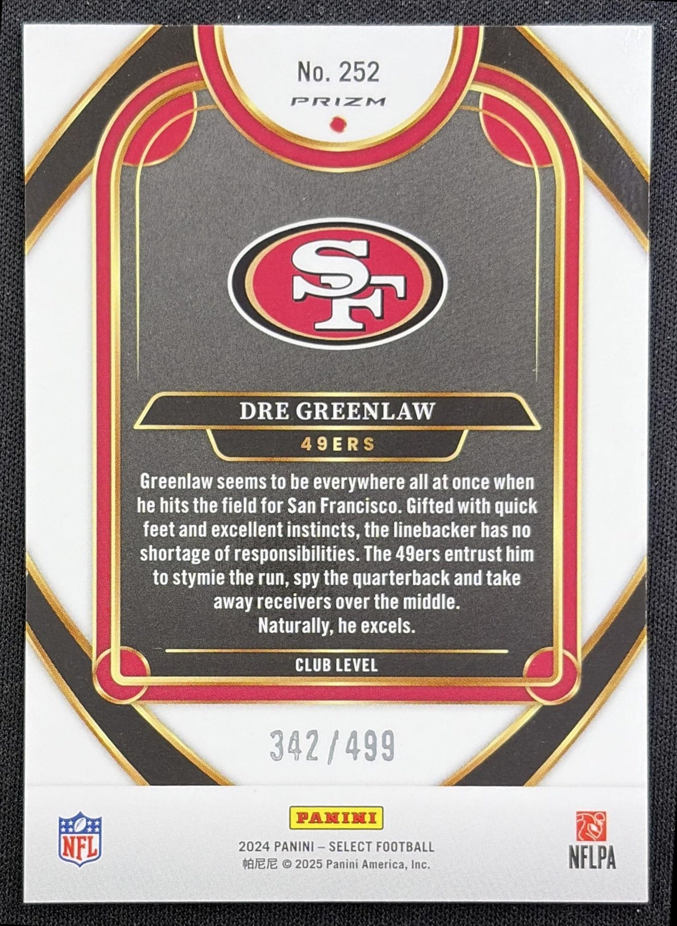 Dre Greenlaw 2024 Panini Select Club Neon Green Prizm Shock /499 49ers back