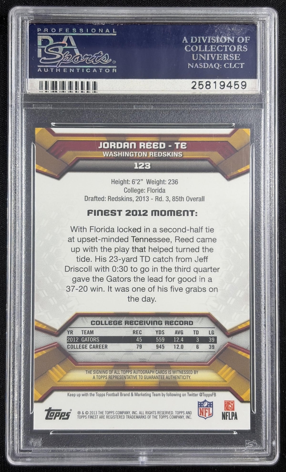 Jordan Reed 2013 Topps Finest Rookie Auto Refractor /50 PSA 10 Redskins Sports Trading Card