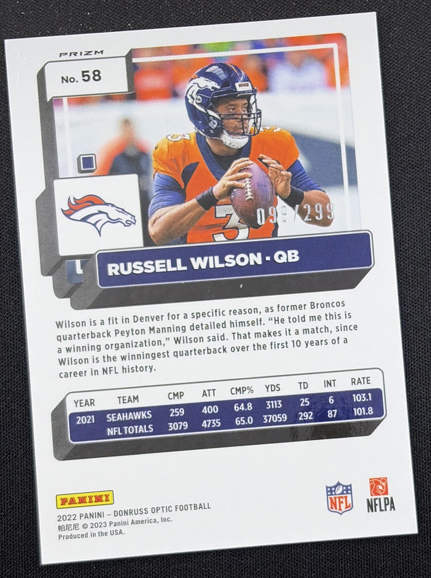 Russell Wilson 2022 Panini Donruss Optic Aqua /299 Broncos