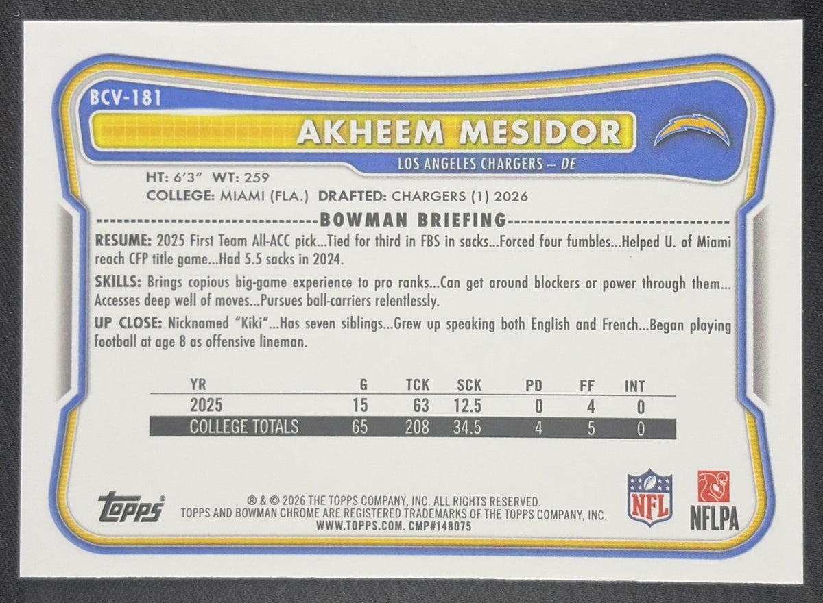 Akheem Mesidor 2026 Bowman Chrome NFL Mojo Refractor Chargers Los Angeles Chargers Sports Trading Card