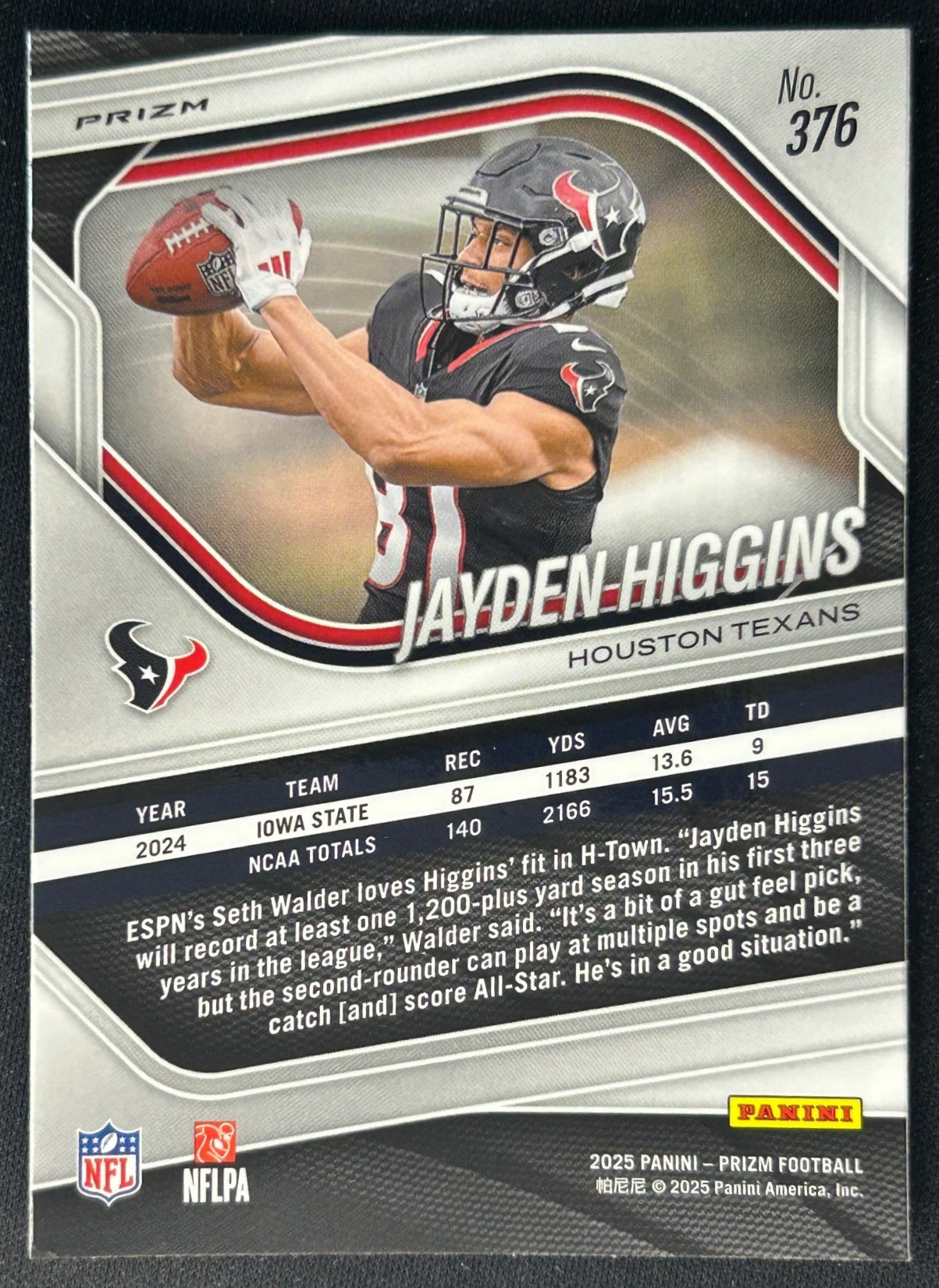 Jayden Higgins 2025 Prizm Orange Ice Prizms Texans - back