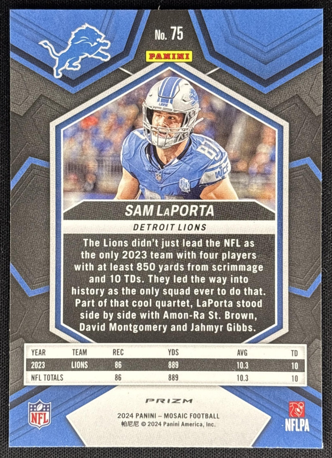 Sam LaPorta 2024 Panini Mosaic Reactive Blue Prizm Lions back