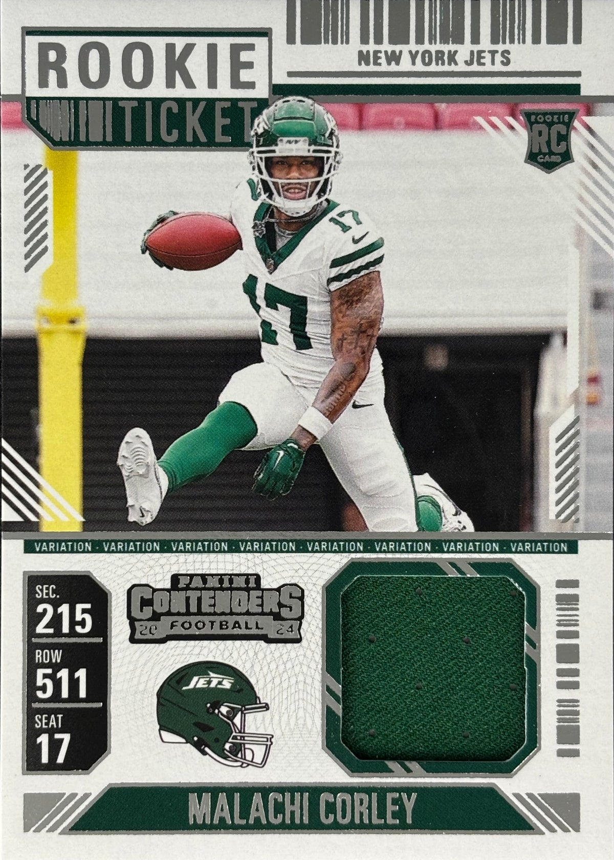 Malachi Corley Contenders Rookie Ticket Patch Jets Sports Card