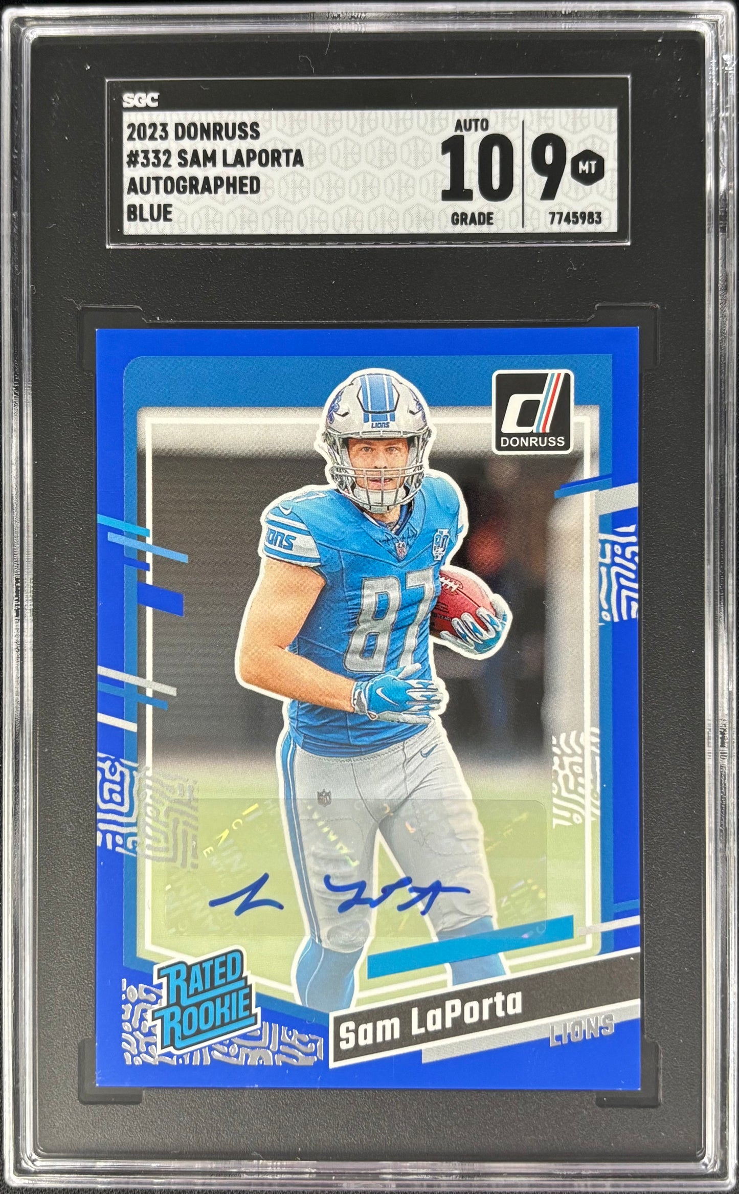 Sam LaPorta Donruss Blue Press Proof Auto SGC 9 Auto 10 Rated Rookie Lions
